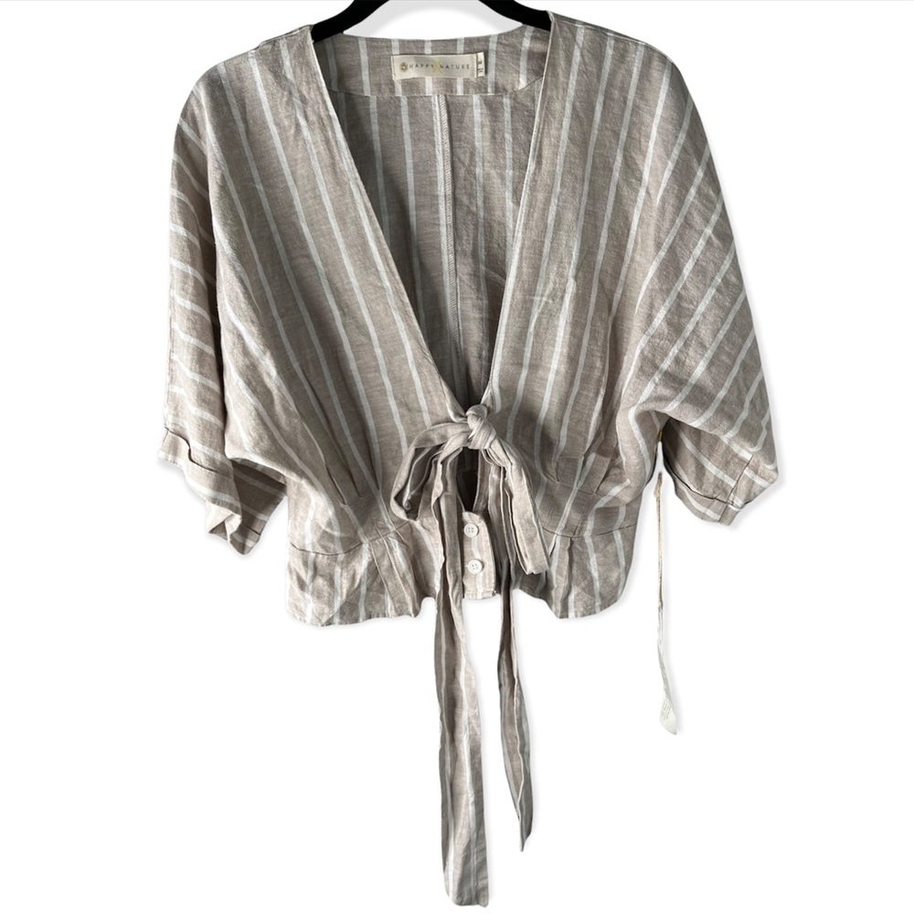 Happy x Nature Linen blend Striped Tie Front Cropped Blouse size medium NWT - Picture 2 of 7